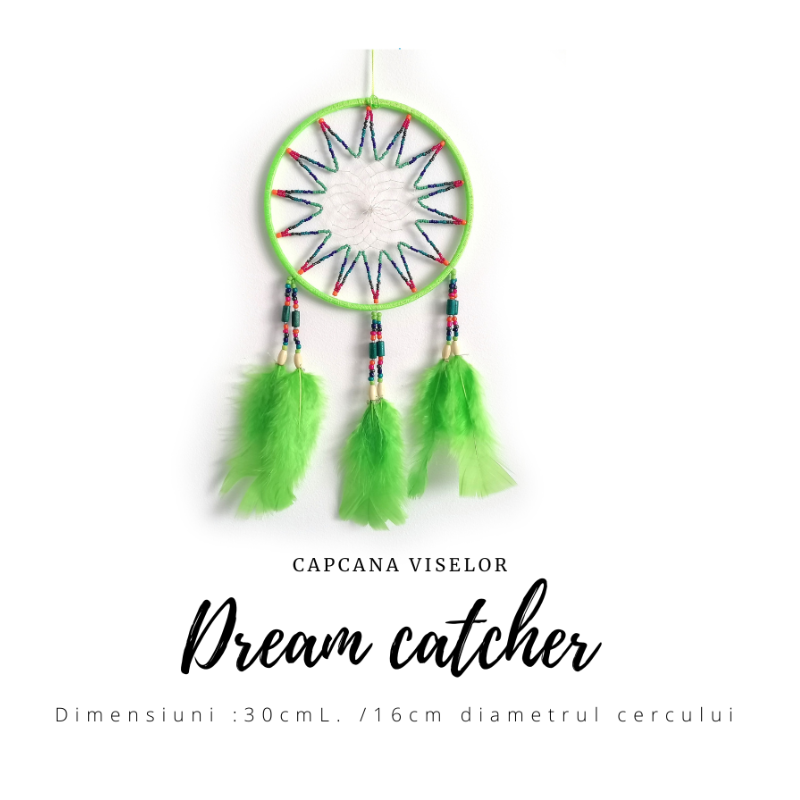 Dream catcher tradițional cu pene și mărgele, realizat manual