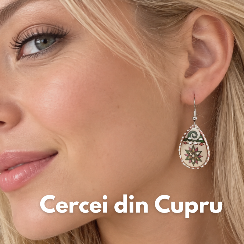 Pereche de cercei din cupru cu model geometric roșu și negru, fabricați în Turcia, cu tortițe de nichel și opritoare de silicon.